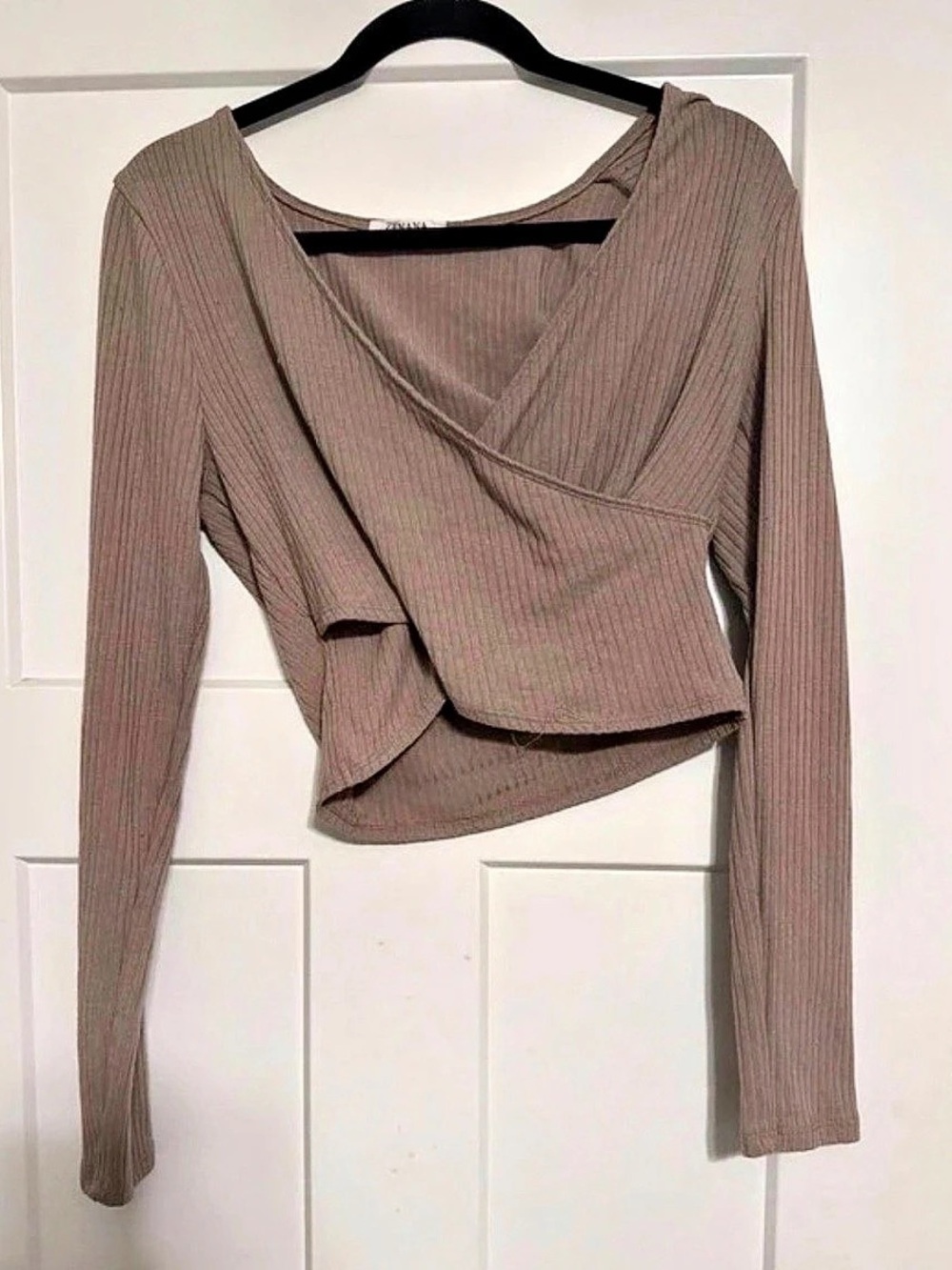 ZENANA Ribbed Surplus Waist Band Long Sleeve Top Brown Large
